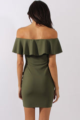 Khaki Bardot Frill Embroidered Dress - Jasmine