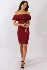 Wine Bardot Frill Embroidered Dress - Jasmine