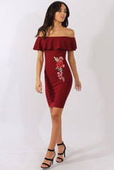 Wine Bardot Frill Embroidered Dress - Jasmine