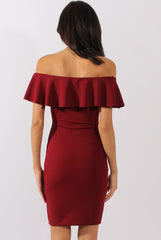 Wine Bardot Frill Embroidered Dress - Jasmine