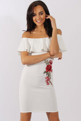 White Bardot Frill Embroidered Dress - Jasmine