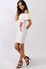 White Bardot Frill Embroidered Dress - Jasmine