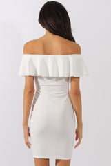 White Bardot Frill Embroidered Dress - Jasmine