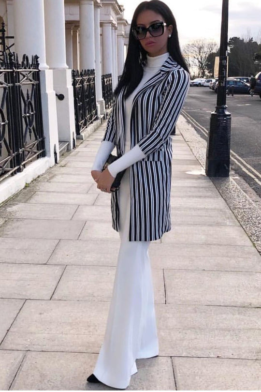 Black And White Stripe Long Blazer - Zunaira