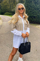 Stone Faux Leather Panel Shirt Dress - Arriya