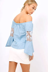 Light Denim Frill Sleeve Crochet Bardot Top - Jayda