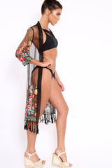 Black Floral Sheer Tassel Trim kimono - Jaxon