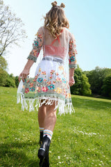 White Floral Sheer Tassel Trim kimono - Jaxon