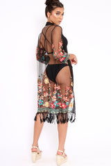 Black Floral Sheer Tassel Trim kimono - Jaxon