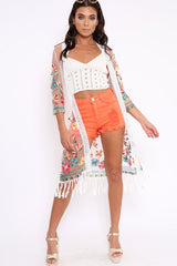 White Floral Sheer Tassel Trim kimono - Jaxon
