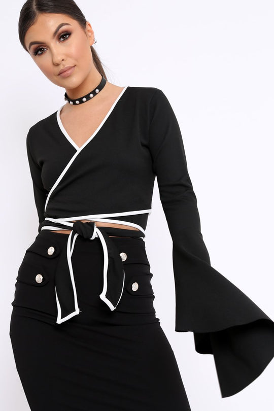 Black Contrast Trim Tie Front Crop Top - Jaxy