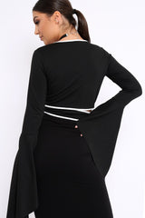 Black Contrast Trim Tie Front Crop Top - Jaxy
