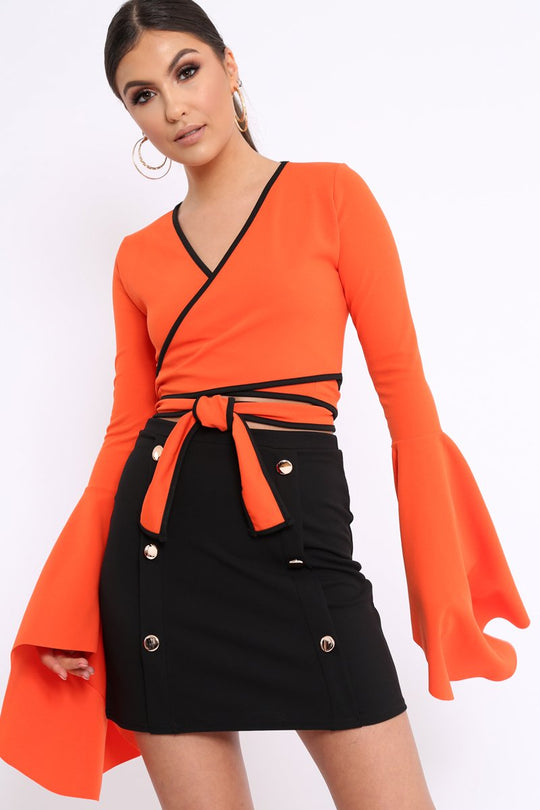 Orange Contrast Trim Tie Front Crop Top - Jaxy