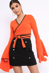 Orange Contrast Trim Tie Front Crop Top - Jaxy