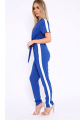 Blue Plunge Front Contrast Side Stripe Jumpsuit - Jayah