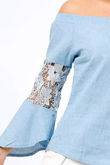 Light Denim Frill Sleeve Crochet Bardot Top - Jayda