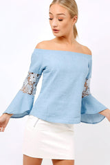 Light Denim Frill Sleeve Crochet Bardot Top - Jayda