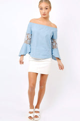 Light Denim Frill Sleeve Crochet Bardot Top - Jayda
