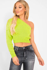 Lime Green Knitted One Shoulder Jumper - Jayleah
