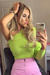 Lime Green Knitted One Shoulder Jumper - Jayleah