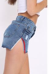 Blue Side Stripe Cut Off Denim Shorts - Jaylei