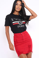 Red Denim Extreme Ripped Skirt - Jeanie