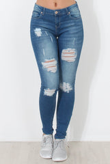 Mid Blue Distressed Skinny Jeans - Hallo