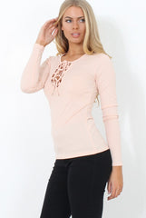 Jeena Nude Ribbed Tie Front Top