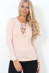 Jeena Nude Ribbed Tie Front Top