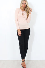 Jeena Nude Ribbed Tie Front Top