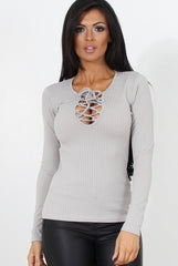 Jeena Grey Ribbed Tie Up Top