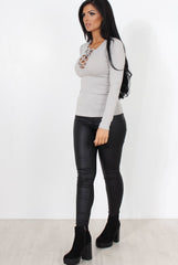 Jeena Grey Ribbed Tie Up Top