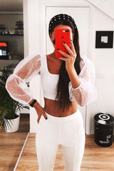White Polka Dot Organza Sleeve Crop Top - Bianca