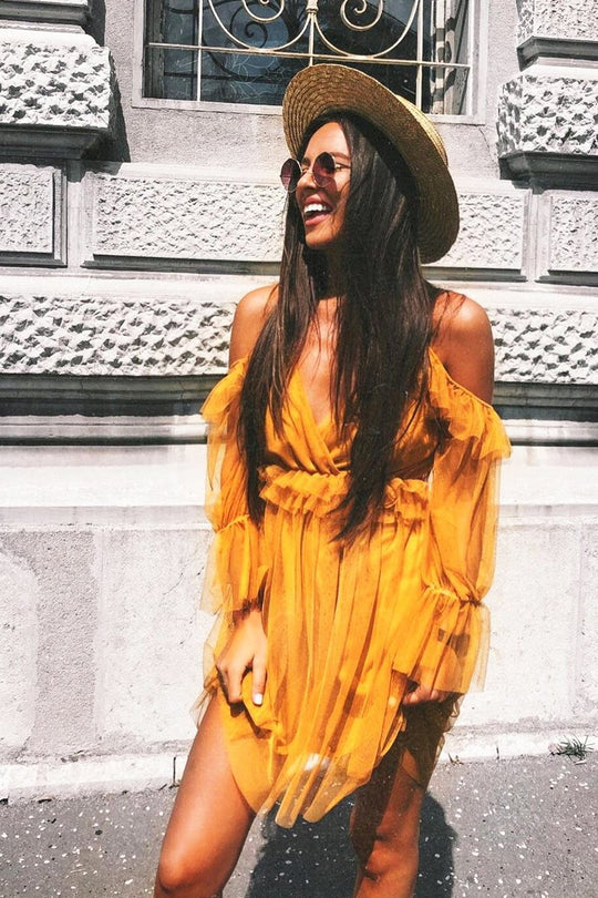 Mustard Plunge Tulle Ruffle Cross Back Dress - Aerial