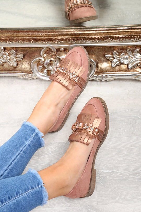 Pink Faux Suede Embellished Front Flats - Jelisa