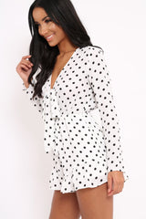 White Polka Dot Tie Front Playsuit - Jem