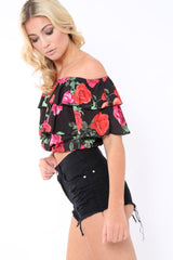 Black Floral Frill Bardot Top - Jemma