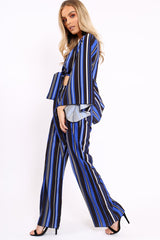 Royal Blue, Black and White Striped High Waist Flare Trousers - Jen