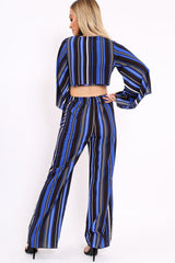Royal Blue, Black and White Striped High Waist Flare Trousers - Jen