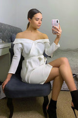 White Belted Bardot Skater Dress - Jencie