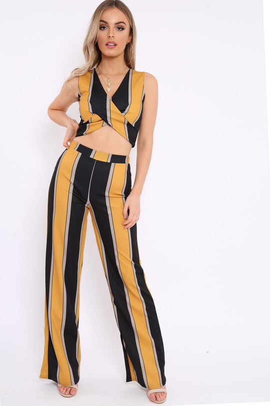Mustard And Black Stripe Crop Top And Wide Leg Trousers Co-Ord - Jenet