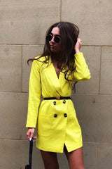 Yellow Double Breasted Button Front Belted Blazer - Huda