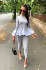 Grey Ribbed Flared Shirt and Leggings Co-ord - Aafiya