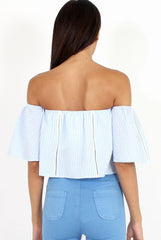 Blue & White stripe Bardot Crop Top - Jennifer