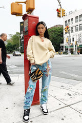 Light Wash Love Graffiti Print Distressed Boyfriend Jeans - Maggie