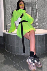 Neon Lime Green Roll Neck Jumper Dress - Freylynn