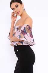 Rose Floral Print Bardot Crop Top - Jeorgia
