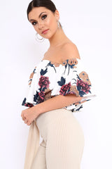 White Floral Print Bardot Crop Top - Jeorgia