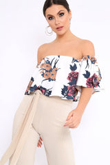 White Floral Print Bardot Crop Top - Jeorgia