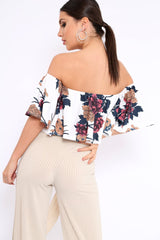 White Floral Print Bardot Crop Top - Jeorgia
